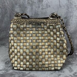 Vintage LJS Collection Metallic Leather Woven Bucket Bag Crossbody Silver & Gold